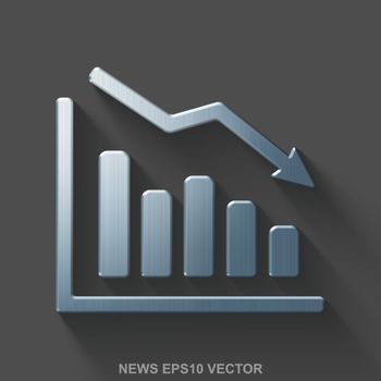 Flat metallic news 3D icon. Polished Steel Decline Graph icon with transparent shadow on Gray background. EPS 10, vector illustration.