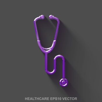 Flat metallic Healthcare 3D icon. Purple Glossy Metal Stethoscope icon with transparent shadow on Gray background. EPS 10, vector illustration.