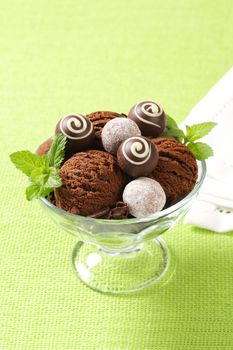 Chocolate ice cream and truffles in a coupe