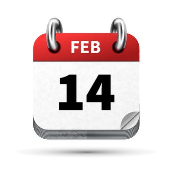 Bright realistic icon of calendar with 14 february date isolated on white
