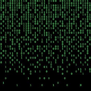 Binary code green and dark background, digits on screen. Algorithm binary, data code, decryption and encoding, row matrix, vector illustration