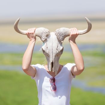 Woman holding a white wildebeest skull wearing it like a mask in nature on african wildlife safari.