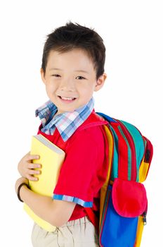Cheerful asian primary school student carried schoolbag and book.