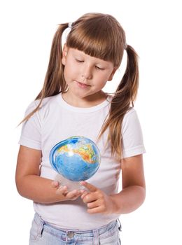 six years girl with globe isolated on white