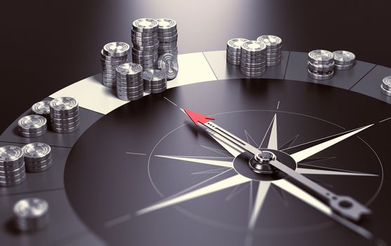 Compass over black background with needle pointing the biggest pile of money, Concept of making profits and good investment advice or wealth management. 3D illustration.