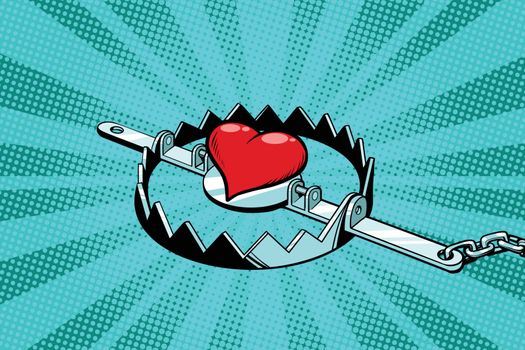 Red heart in an iron trap. Love and romance. Pop art retro vector illustration