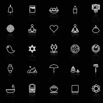 Zen society line icons with reflect on black