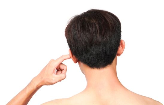 Man scratching an itch ear with finger on white background, heal