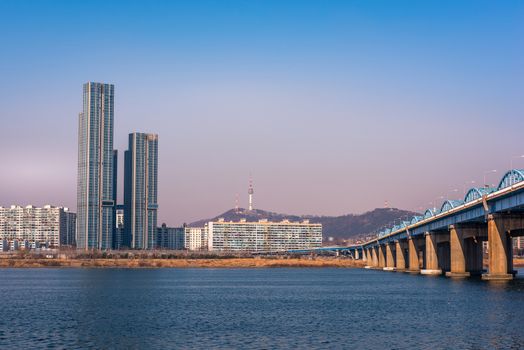 Dongjak Bridge and Seoul tower at Han river  in Seoul, South Kor