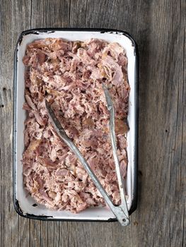 tray of rustic american  barbecued pulled pork
