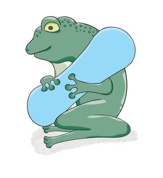Frog with blue snowboard ready for downhill skiing.