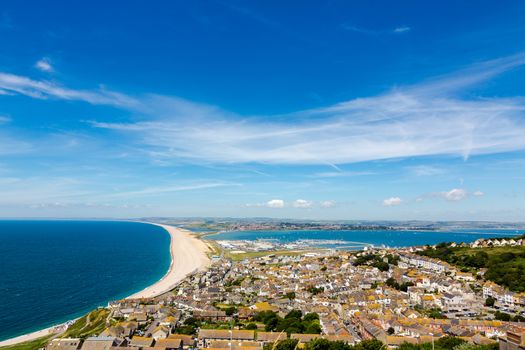 Aerial view on Chesil Beach on Isle of Portland, UK