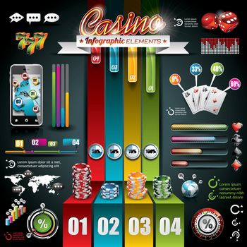 Vector Casino infographic set with world map and gambling elements.