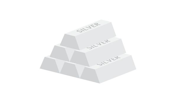 Pyramid of five silver ingots isolated on white background.