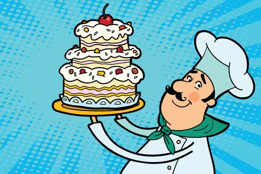 Chef cook character with cherry cake