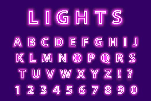 Modern trendy pink neon alphabet on a purple background. LED glowing letters font. Luminescent number. Vector illustration.
