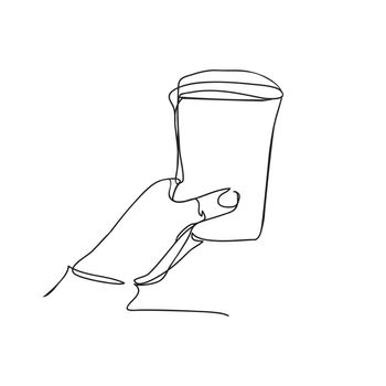 background with hand holding Plastic cup of coffee or tea. Continuous line drawing. Vector illustration 