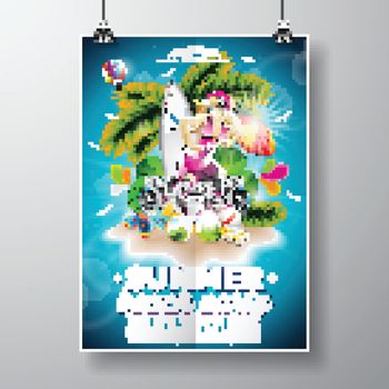 Vector Summer Beach Party Flyer Design with typographic elements on blue sky background. Summer nature floral and sexy girl ion paradise island