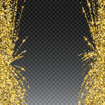 Festive explosion of confetti. Gold glitter background for the card, invitation. Holiday Decorative element. Illustration of falling shiny particles and stars isolated on checkered background