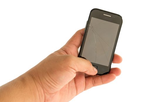 Hand holding a mobile with broken screen.