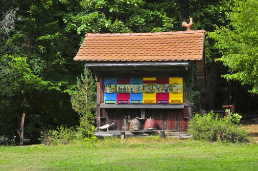 Traditional colorful and picturesque wooden bee hive in Slovenia