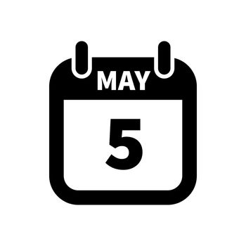 Simple black calendar icon with 5 may date isolated on white
