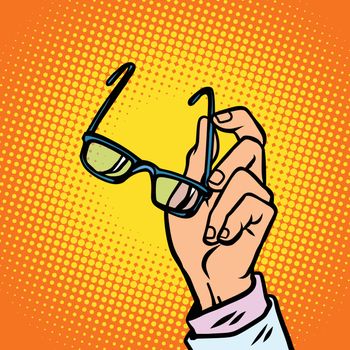glasses in hand, vision and people. Comic book cartoon pop art retro vector illustration drawing