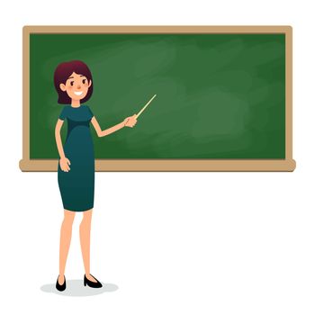 Cartoon flat women with pointer in the classroom near the blackboard is teaching a lesson. Yang female teacher at the university is giving a lecture. Flat teacher on lesson showing on board. Empty space for text.