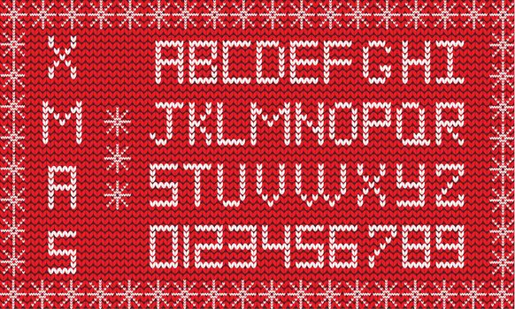  Fabric Christmas or New Year script. Knitted festive alphabet.