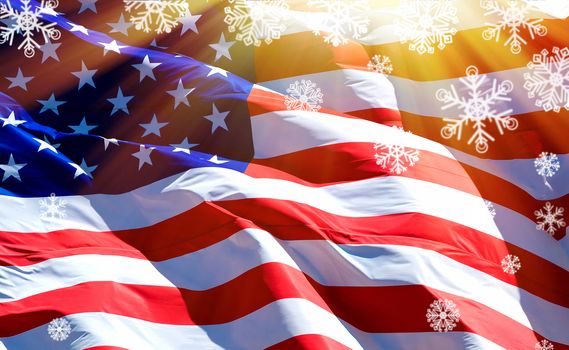 Flag of the USA with sunbeams and snowflakes