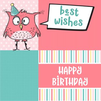 happy birthday card  with funny doodle bird, vector format