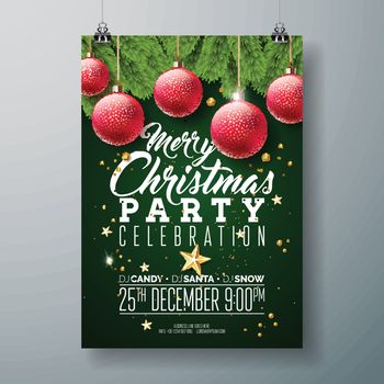 Vector Christmas Party Flyer Design with Holiday Typography Elements and Ornamental Ball, Pine Branch on Dark Green Background. Premium Celebration Poster Illustration for Your Event Invitation.