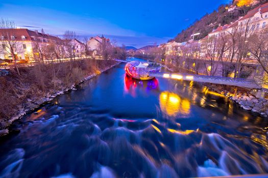 City of Graz Mur river and island evening view