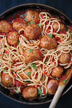 rustic meatball spaghetti in tomato sauce