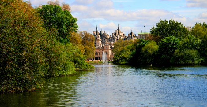 Summer view to St James's Park and The Household Cavalry Museum in London, UK