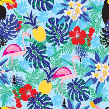  Seamless decorative pattern with flamingo, pineapple, toucan and monstera leaves. Tropical plants illustration with fruits and exotic bird.Fashion design for textile, wallpaper, fabric.