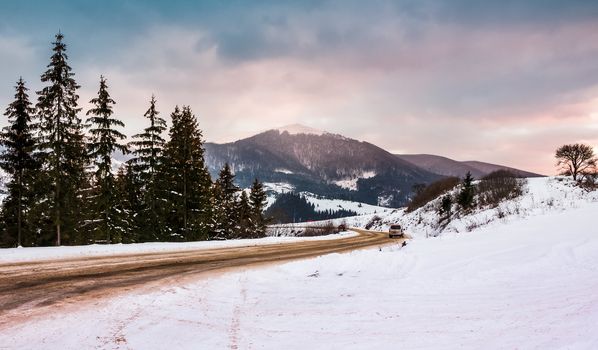 road turnaround near the forest in snowy mountains