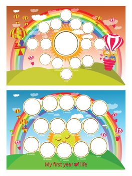 A photo frame of a rainbow and balloon in the sky. Twelve months of development. Horizontal illustration for your design.
