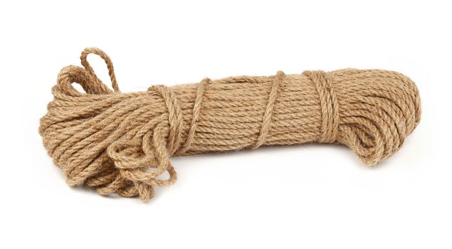 Burlap jute twine coil skein isolated on white