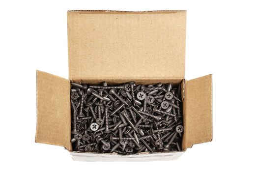 group of black screws for fixing drywall on metal profiles, in a paper box