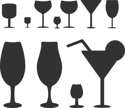 Set of different wine-glass silhouettes of goblets isolated on background.