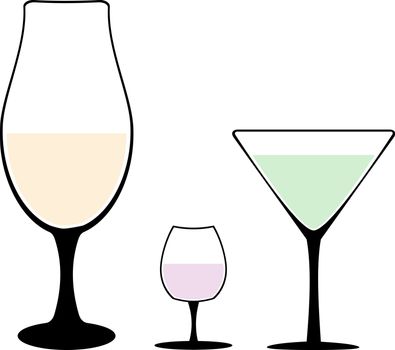 Set of different wine-glass silhouettes of goblets with wine or drinks isolated on white background. Alkohol vector illustration.