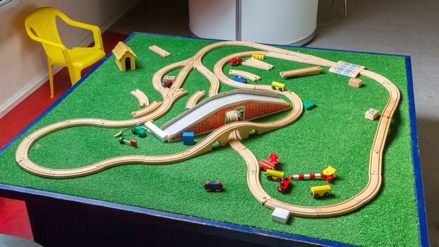 Childrens toy, wooden train track, junction