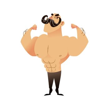 Cartoon muscular man with a mustache. Funny athletic guy. Bald man proudly shows his muscles in strong arms. Vector flat illustration of an athlete or circus performer. Strong character with naked torso shows muscular arms with biceps and triceps.