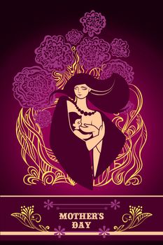 Emblem or simbol of mother and newborn baby. Mother holding child in arms and breastfeeding her. Vector vertical illustration with concept for family, motherhood, maternity, childbearing, mother's day, love and care. Eps10
