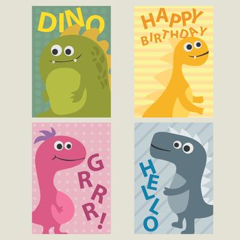 Set of 4 cards templates with dinosaurs for birthday, invitations, scrapbooking
