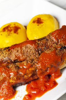 closeup of a german curry wurst 