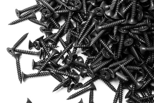 group of black screws for fixing drywall on metal profiles, letter A engraved