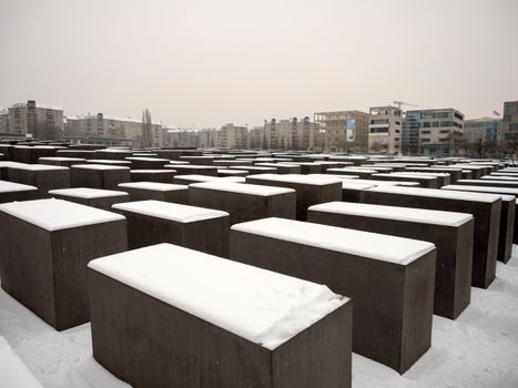The holocaust monument in berlin with snow