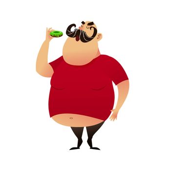 Fat guy takes a bite of a donut. Funny cartoon obesity man in a T-shirt with a naked belly. Puffy mustachioed big happy character. Unhealthy food and harmful lifestyles concept